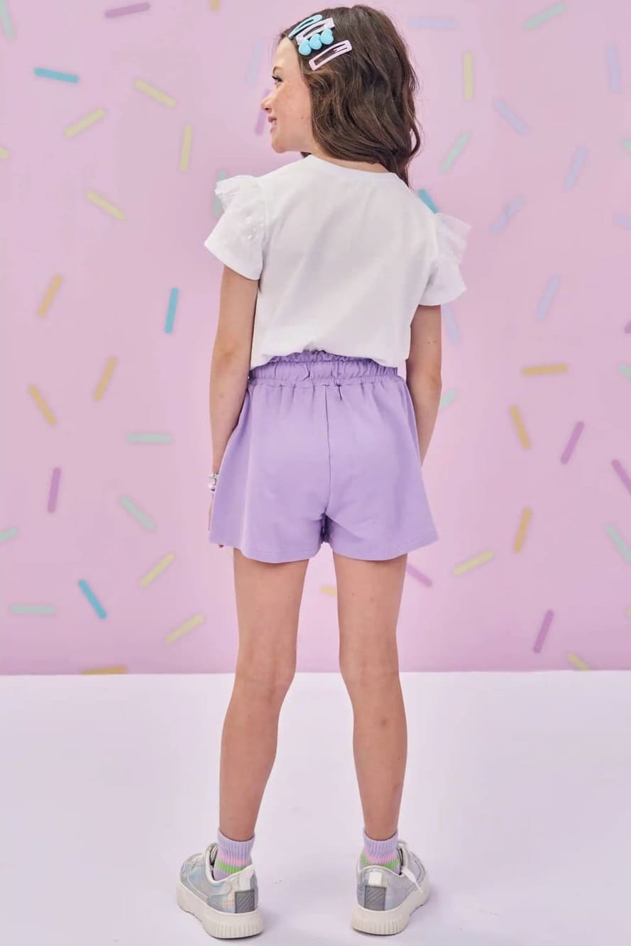 Conjunto Infantil Kukie Verão Shorts Saia e Blusa Branca Ursinha