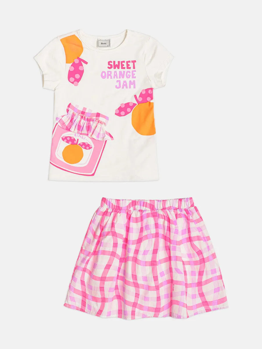 Conjunto Infantil Menina Bimbi com Saia Xadrez Rosa e Blusa Branca Laranjinhas