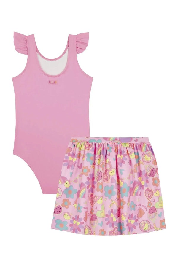 Maiô Infantil Kukiê Verão Rosa Sereia Tênista com Saida de Praia Estampada