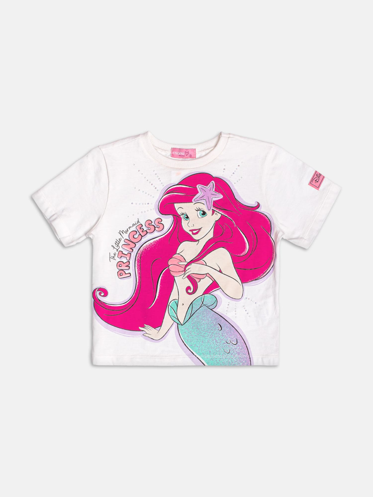 Blusa Infantil Momi Verão Branca Ariel com Strass Disney