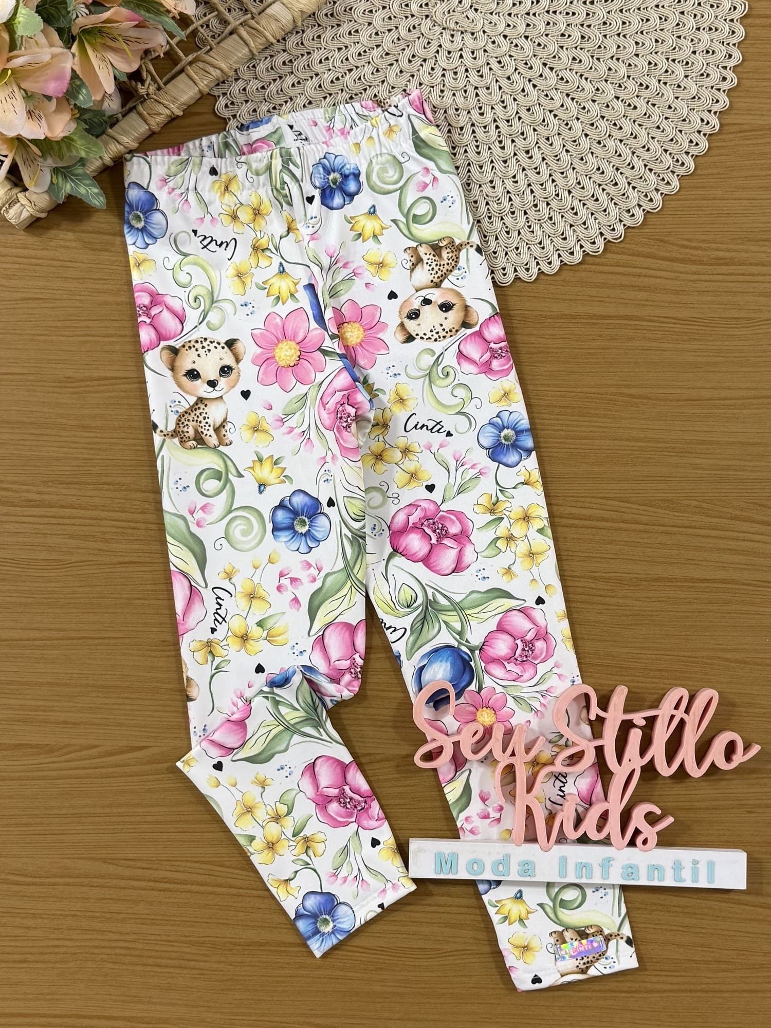 Calça Legging Infantil Cinti Verão Branco Oncinha Floral