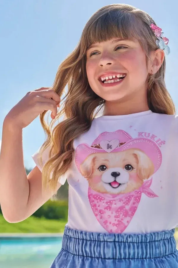 Conjunto Infantil Menina Kukiê com  Shorts Jeans e Blusa Cachorrinha Boiadeira