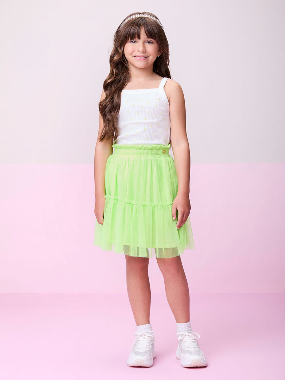 Conjunto Infantil Momi Verão Saia em Tule Verde e Blusa Canelada Com Brilho