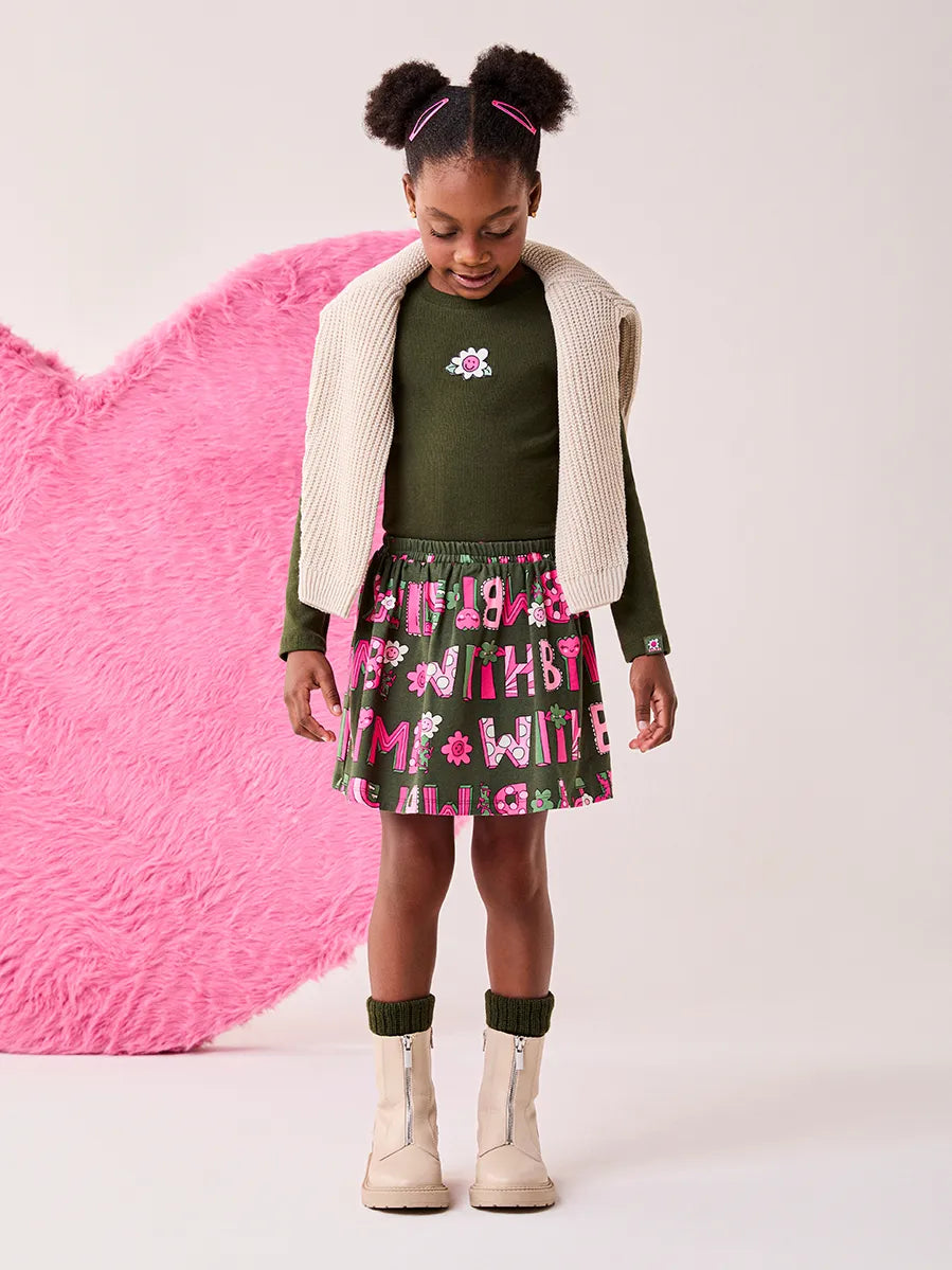 Conjunto Infantil Bimbi Inverno com Saia e Blusa Manga Longa Verde Flores
