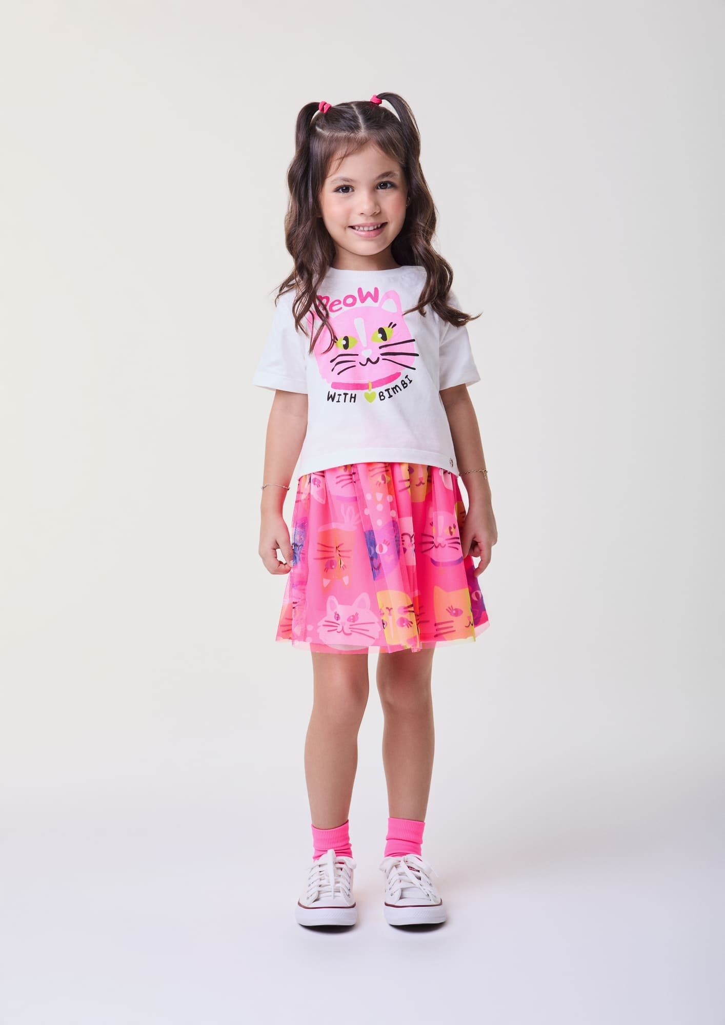 Conjunto Infantil Bimbi Verão com Saia Rosa e Blusa Branca Gatinha
