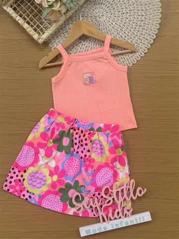 Conjunto Infantil Bimbi Verão com Saia e Blusa Laranja Flor