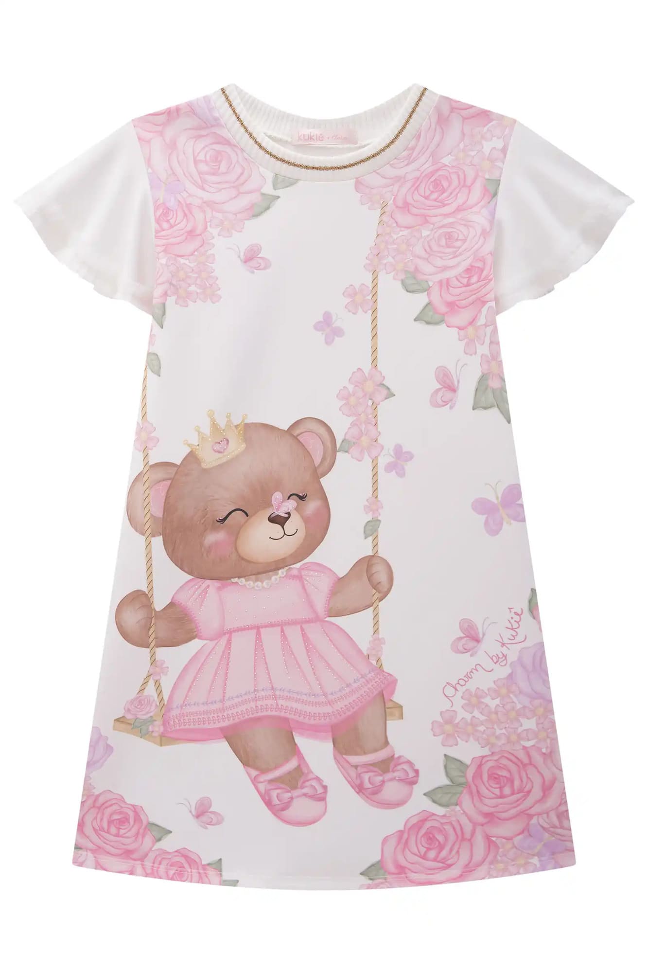 Vestido Infantil Kukiê Manga Curta Branco Ursinha Princesa