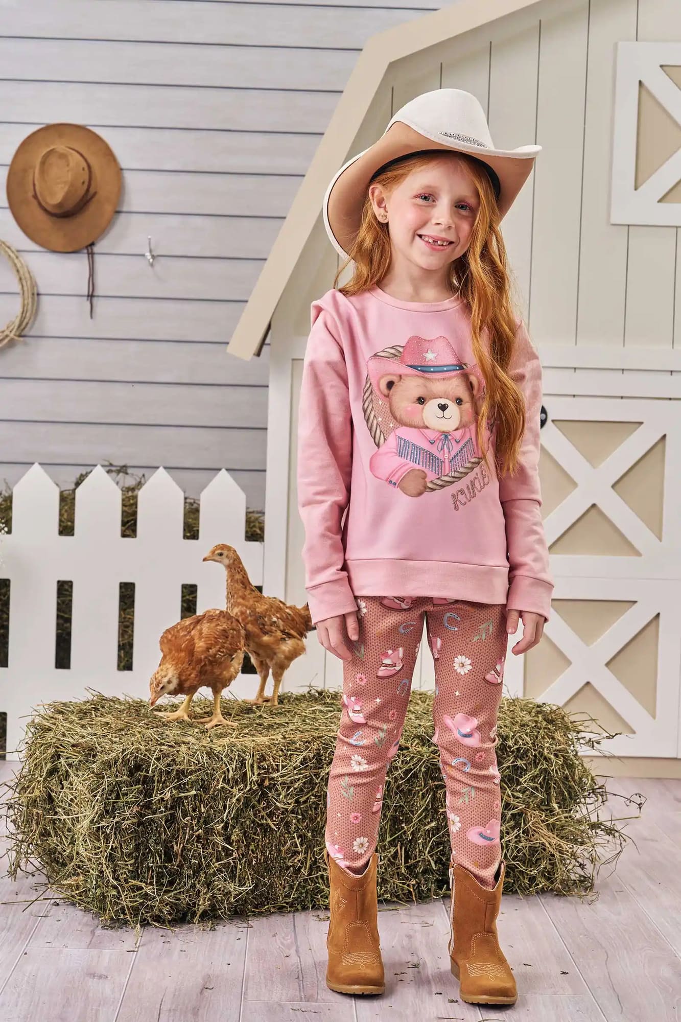 Conjunto Infantil Kukiê Inverno com Calça Legging e Casaco Rosa Ursinha Country