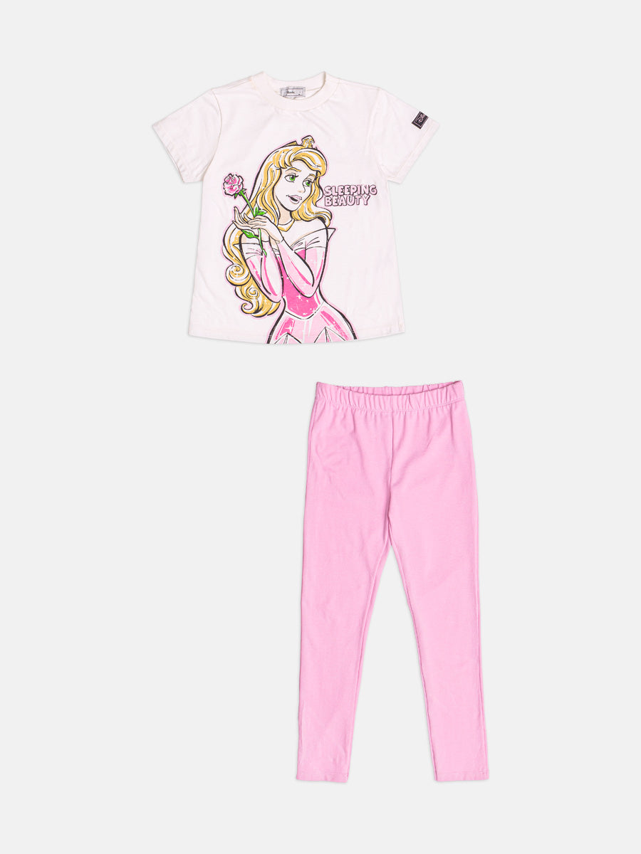 Conjunto Infantil Bimbi Inverno com Calça Legging Rosa e Blusa Manga Curta Princesa Aurora