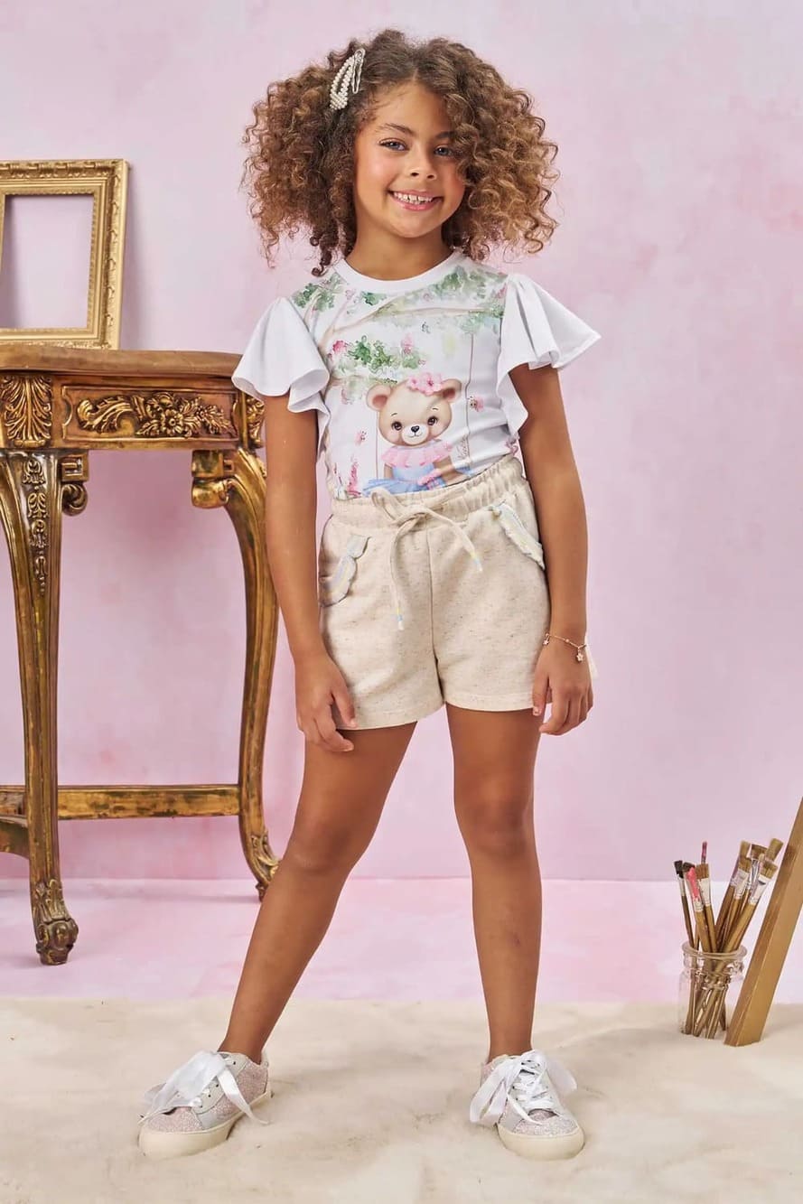 Conjunto Infantil Kukiê Verão Shorts e Blusa Ursinha Floresta