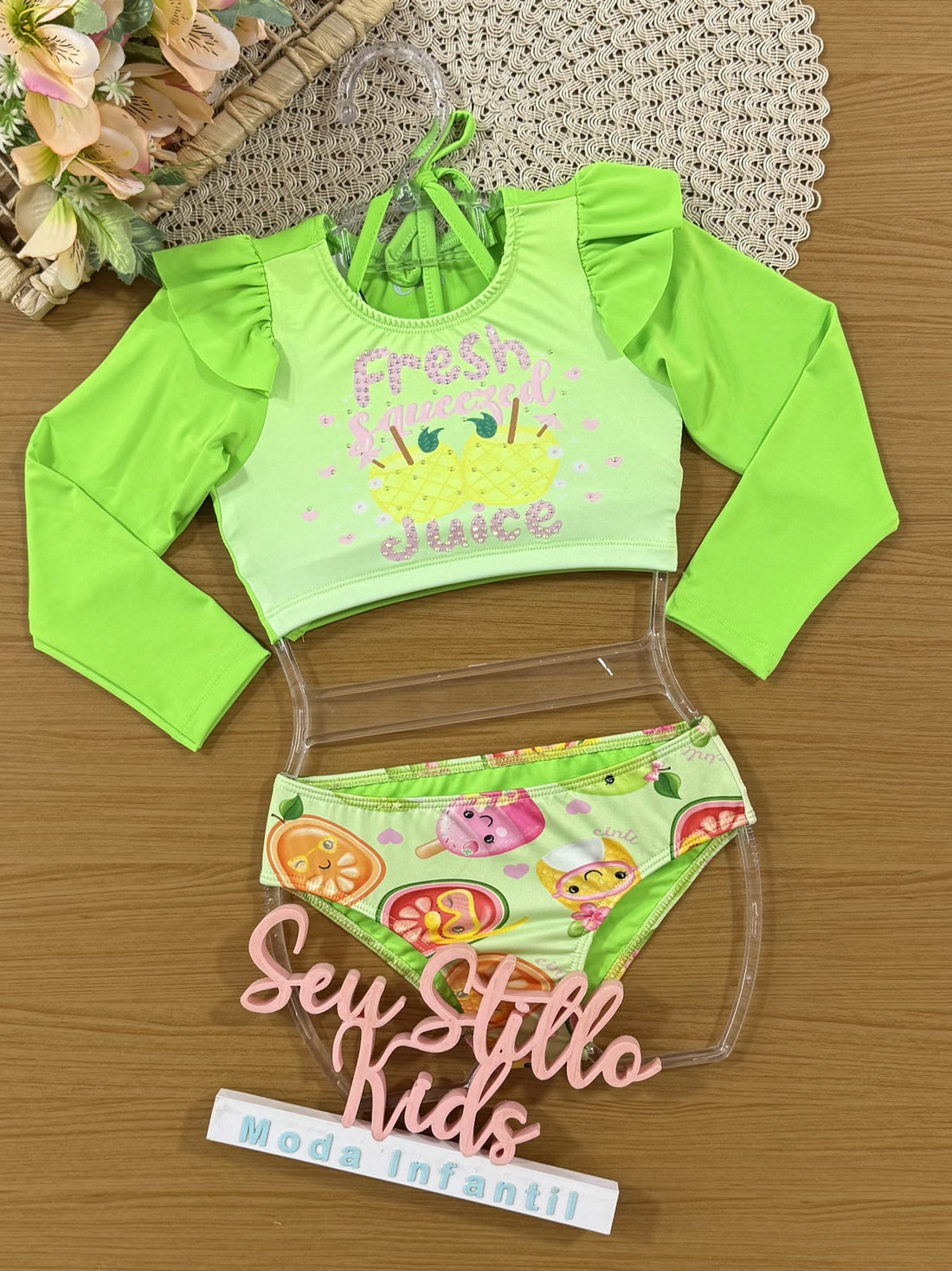Biquíni Infantil Cinti Verão com Cropped  Manga Longa Verde Neon Fresh