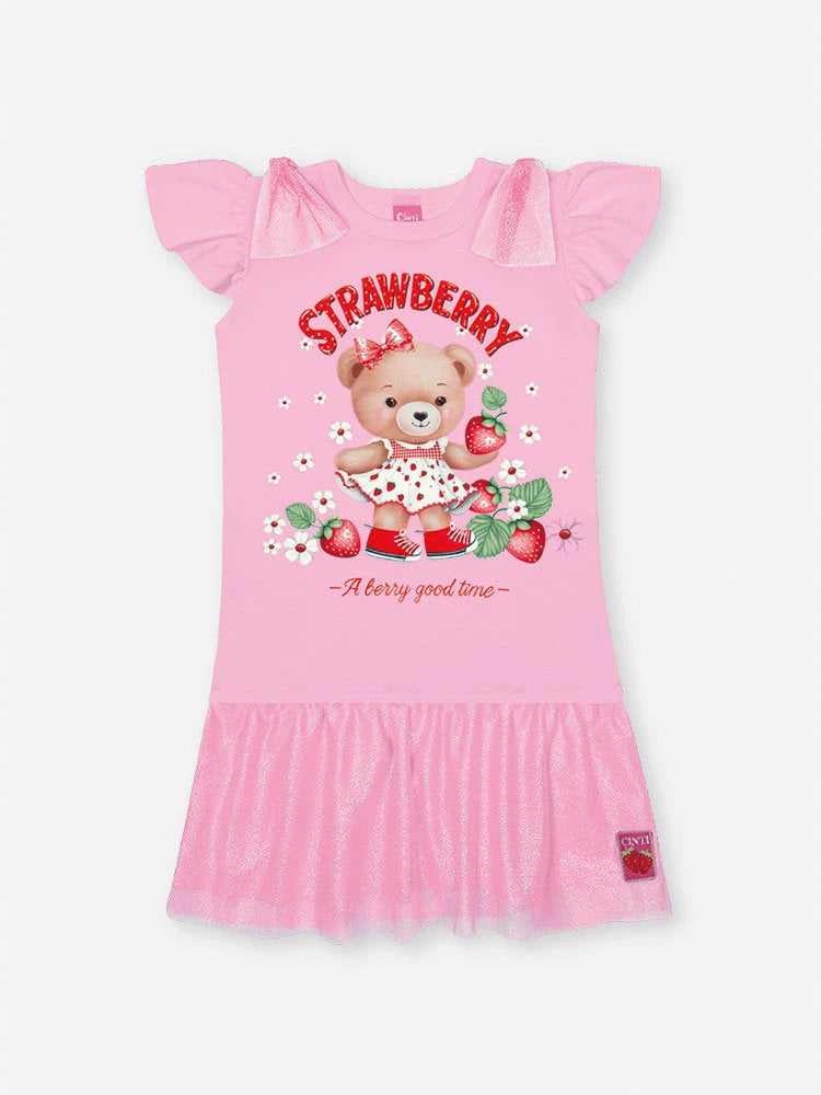 Vestido Infantil Cinti Verão Rosa Ursinha Strawberry