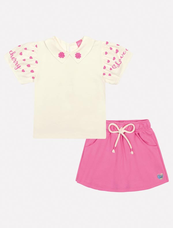 Conjunto Infantil Cinti Verão Shorts e Blusa Branca com Florzinha Rosa