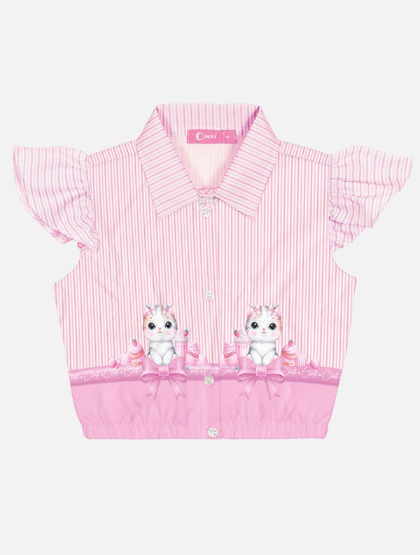 Conjunto Infantil Cinti Verão Shorts e Camisete Gatinha Lilás