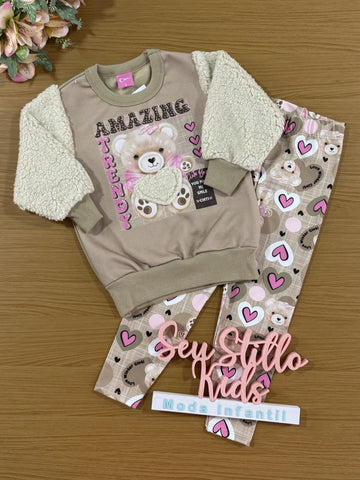 Conjunto Infantil Cinti Inverno Calça e Moletom Flanelado Ursinhos