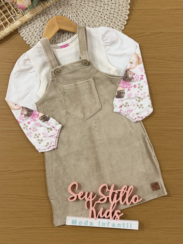 Salopete Infantil Cinti Inverno Bege com Blusa Manga Longa Ursinha