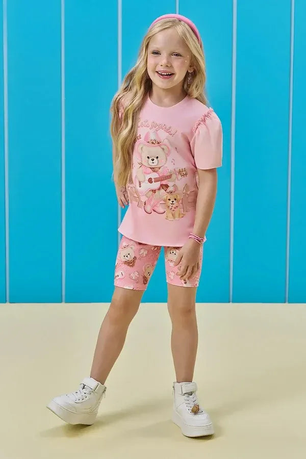 Conjunto Infantil Menina Kukiê com Shorts Ciclista e Blusa Rosa Ursinha Boiadeira
