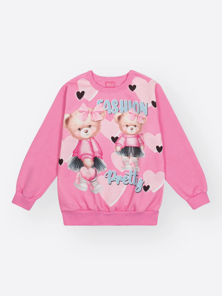 Conjunto Infantil Cinti Inverno com Calça Rosa e Moletom Flanelado Ursinha Fashion