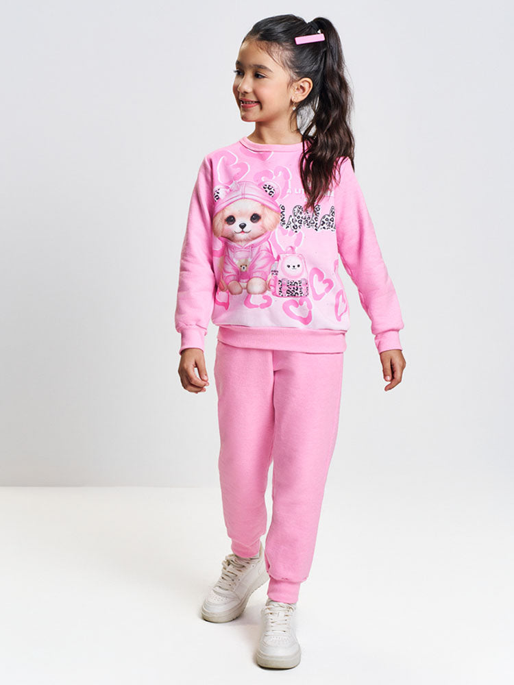 Conjunto Infantil Cinti Inverno com Calça e Moletom Flanelado Rosa Cachorrinha