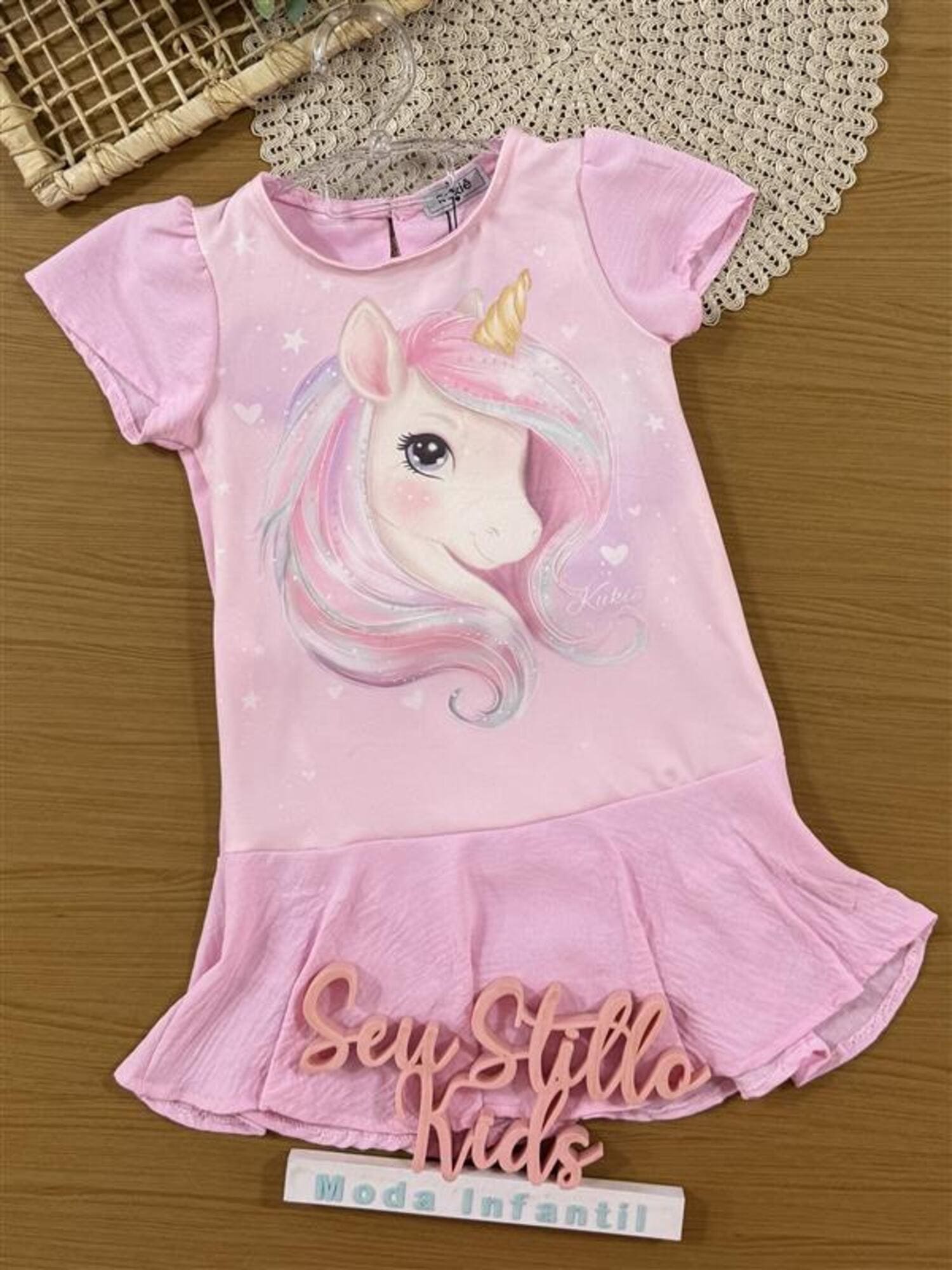 Vestido Infantil Kukiê Verão Rosa Unicórnio com Strass