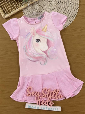Vestido Infantil Kukiê Verão Rosa Unicórnio com Strass