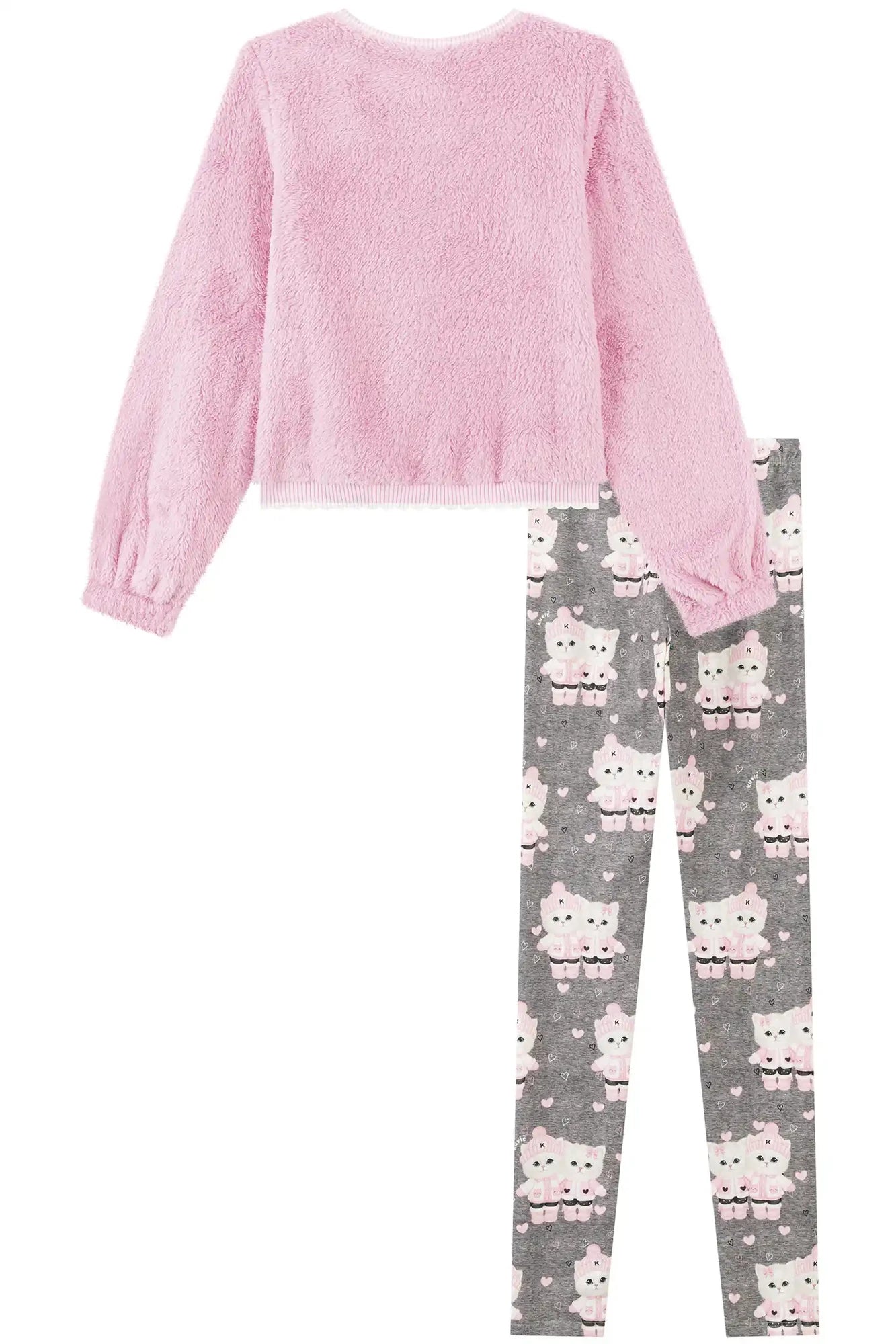 Conjunto Infantil Kukiê Inverno com Calça Legging e Moletom Rosa Gatinha