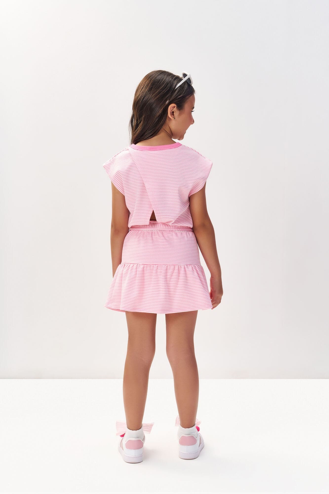 Conjunto Infantil Cinti Verão com Saia e Blusa Rosa Listrada