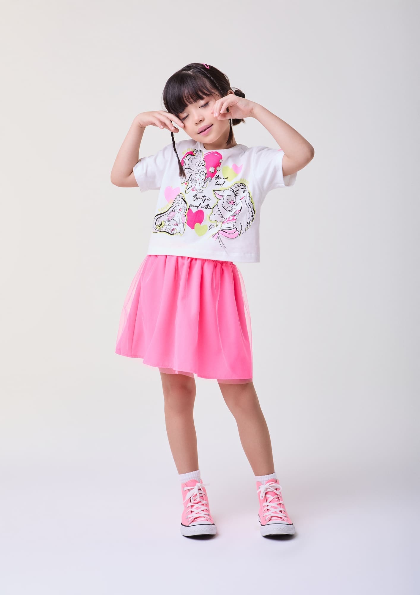 Conjunto Infantil Bimbi Verão com Saia em Tule Rosa e Blusa Branca Princesas Disney