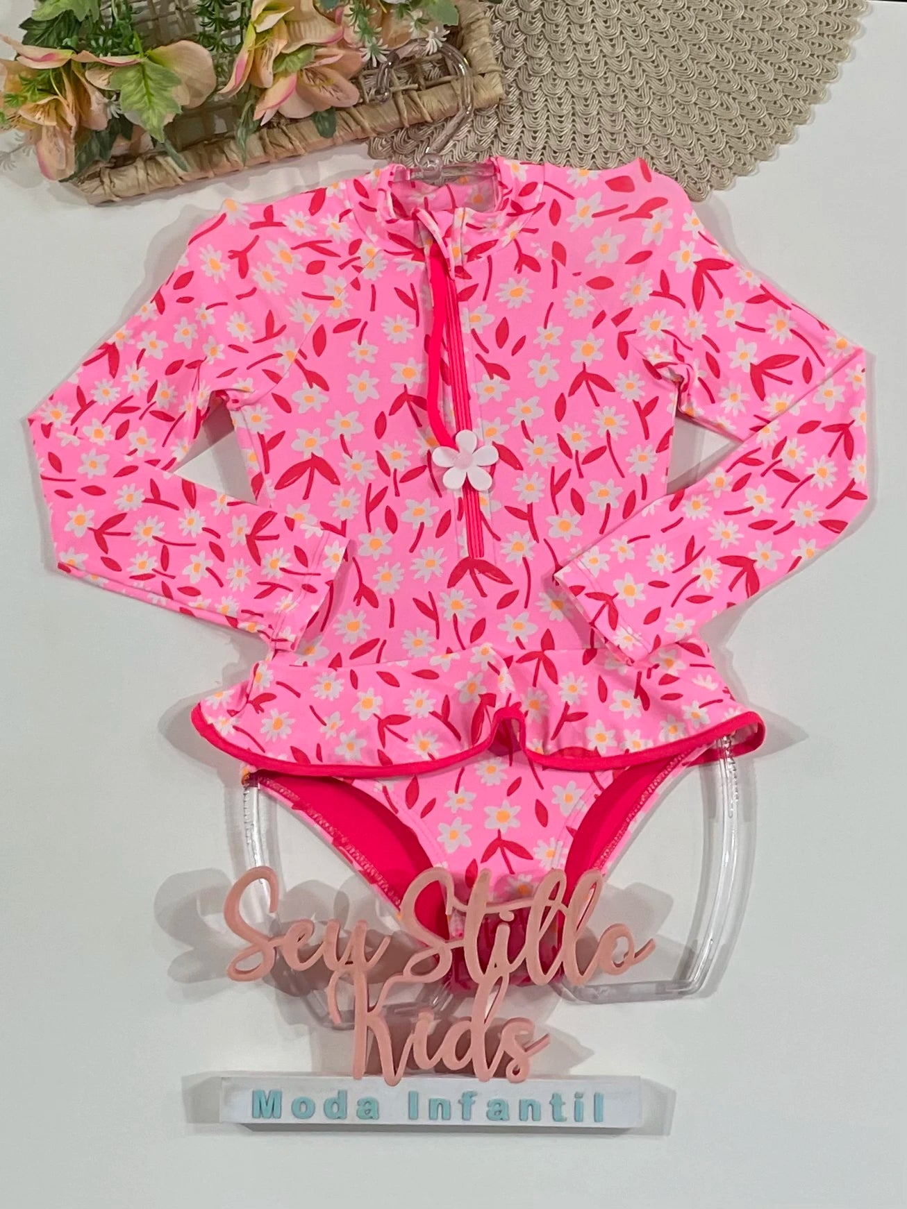 Maiô Infantil Siri Kids Cropped Manga Longa Rosa Lais Bela 43298