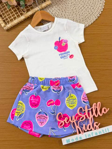 Conjunto Infantil Menina Momi com Shorts Saia Azul Maçã e Blusa Branca