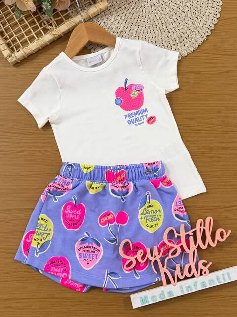 Conjunto Infantil Menina Momi com Shorts Saia Azul Maçã e Blusa Branca