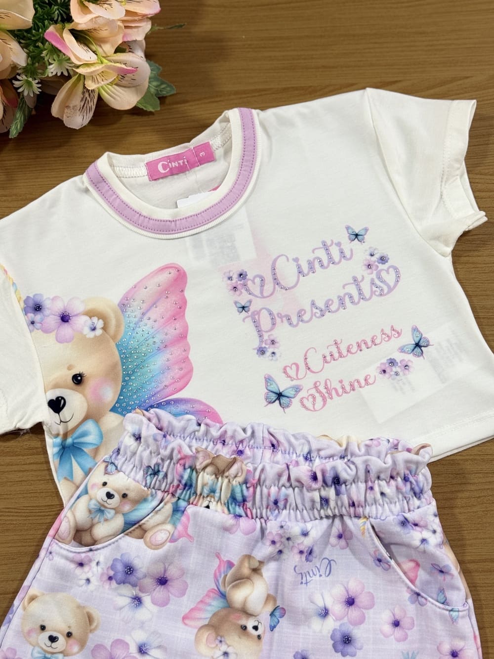 Conjunto Infantil Cinti Verão Shorts Saia e Blusa Fada Ursinha