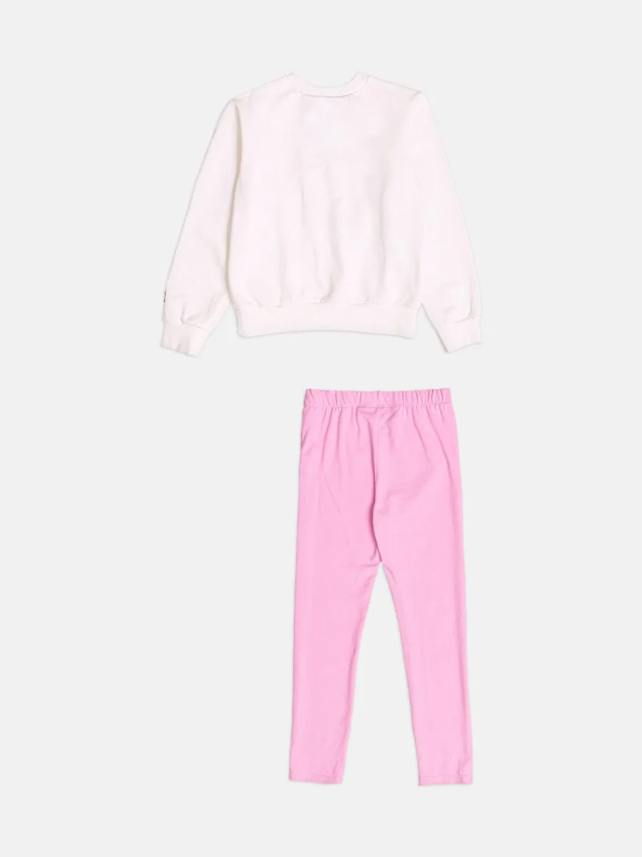 Conjunto Infantil Bimbi Inverno com Calça Legging Rosa e Moletom Sem Flanela Branco Aurora