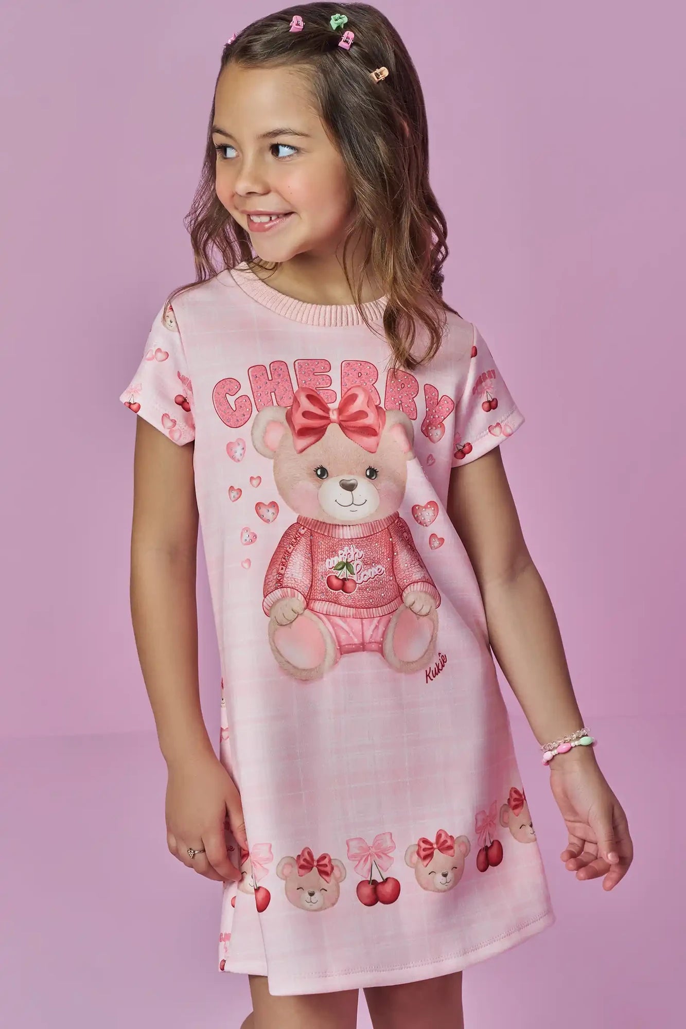 Vestido Infantil Kukiê Inverno Rosa Ursinha Cherry