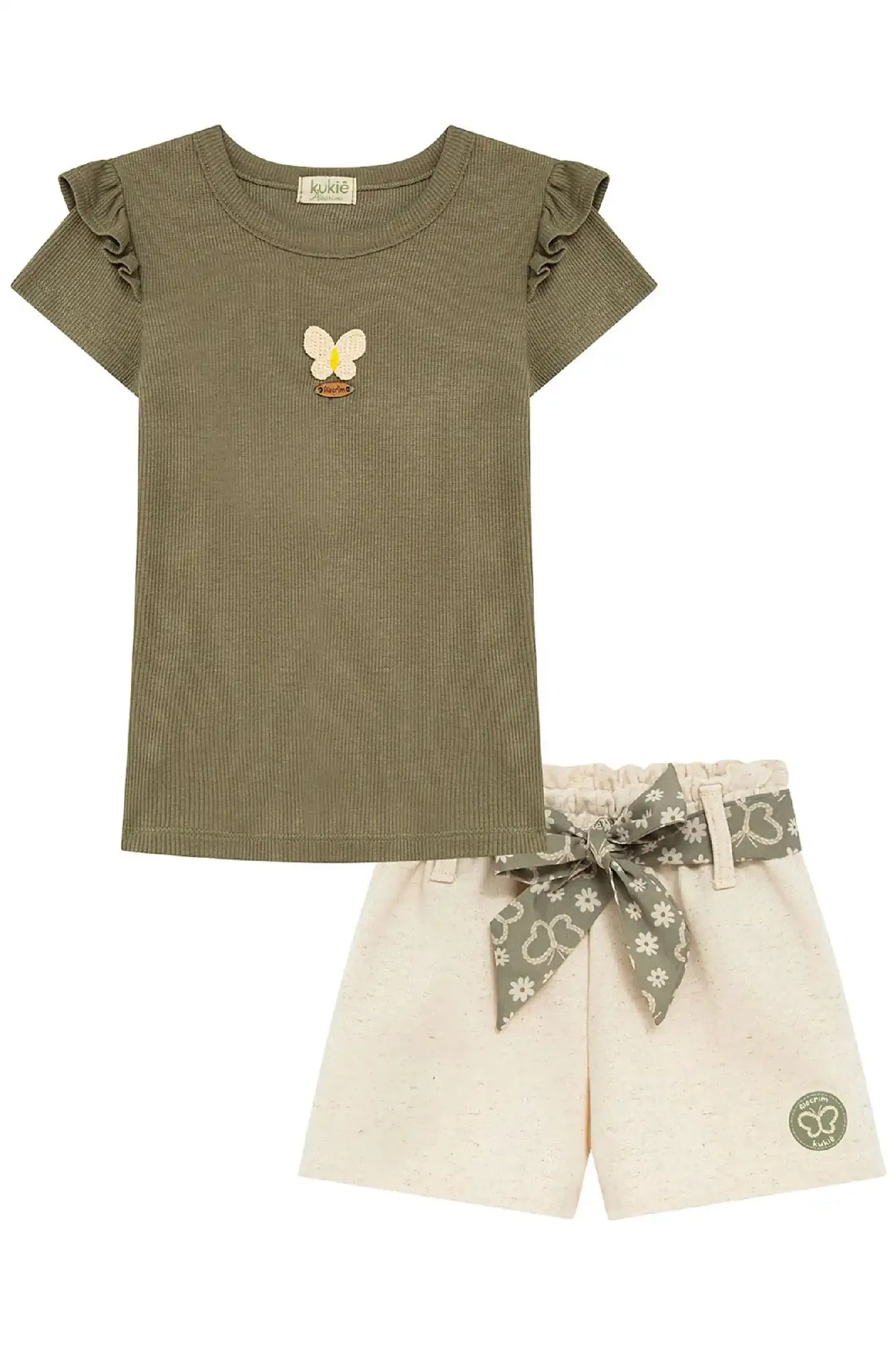 Conjunto Infantil Kukiê Verão com Shorts Off White Blusa Verde Borboleta