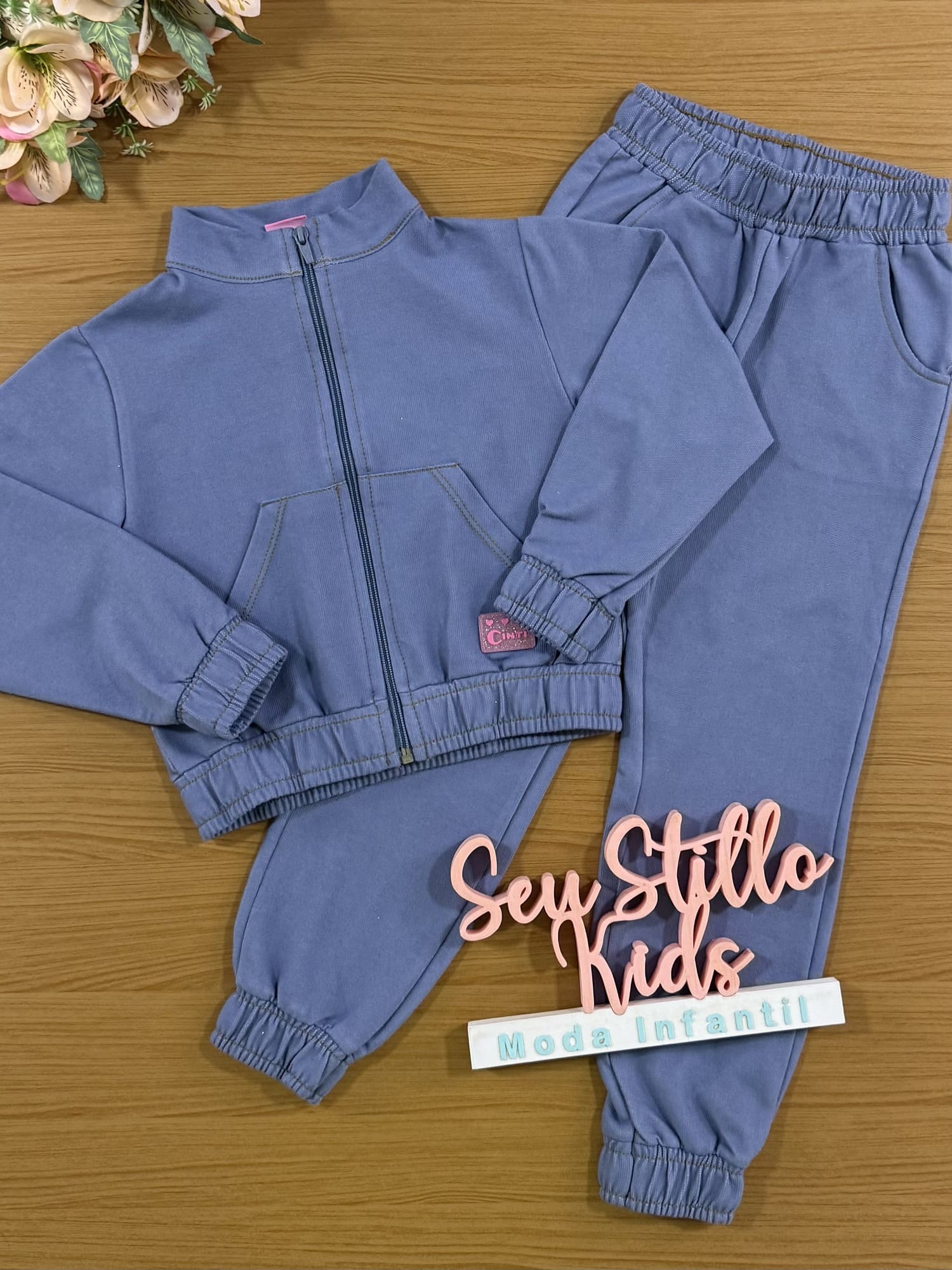 Conjunto Infantil Cinti Inverno com Calça e Jaqueta Jeans Claro Ursinhos