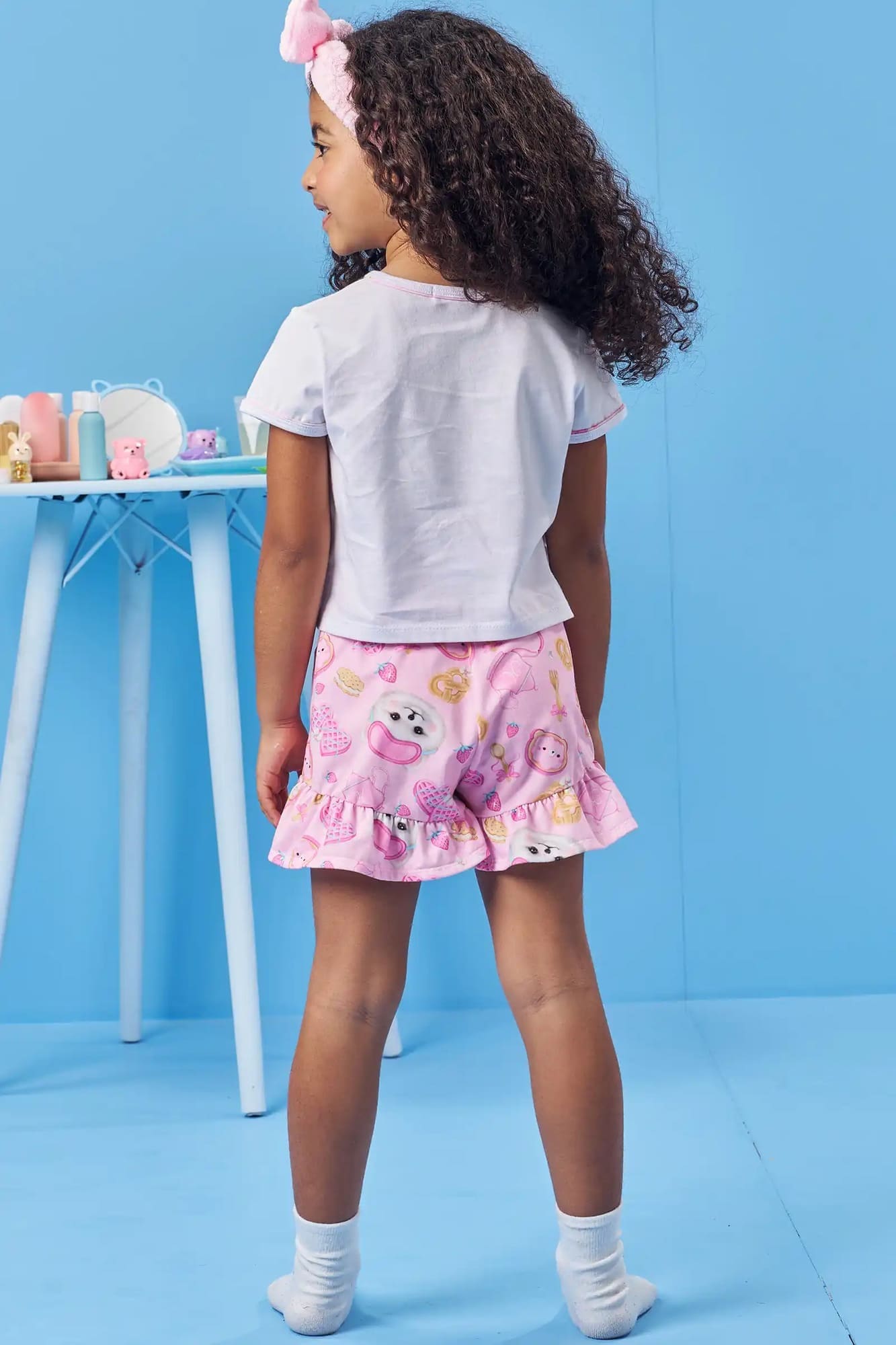 Pijama Infantil Kukiê Verão com Shorts Rosa e Blusa Branca Cachorrinha