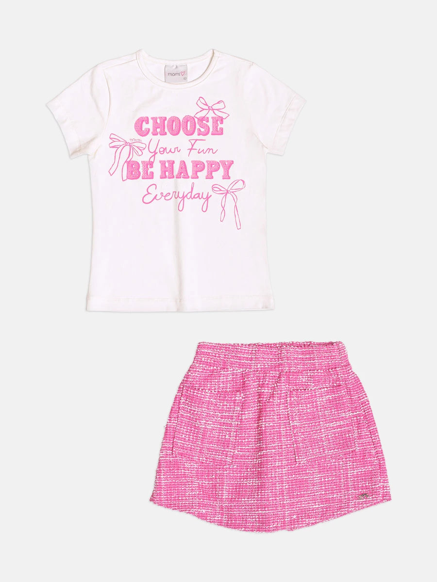 Conjunto Infantil Momi Inverno com Shorts Saia Rosa e Blusa Manga Curta Choose be Happy