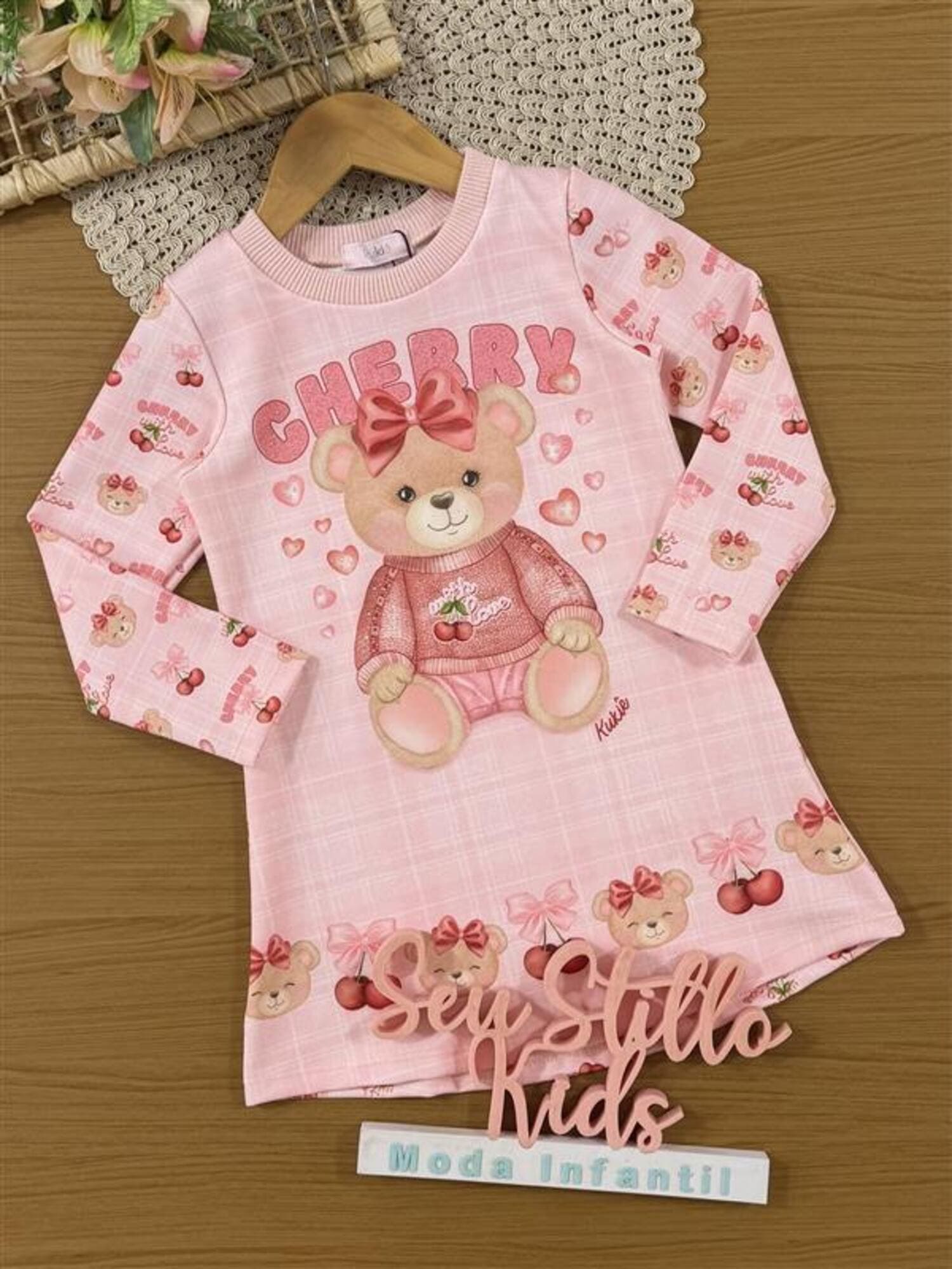 Vestido Infantil Kukiê Inverno Rosa Ursinha Cherry