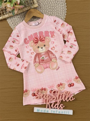 Vestido Infantil Kukiê Inverno Rosa Ursinha Cherry