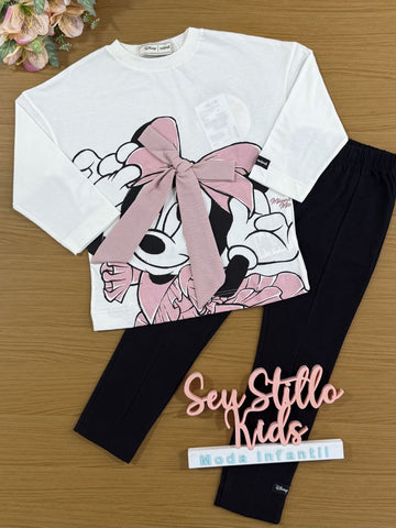 Conjunto Infantil Animê Inverno com Calça Preta e Blusa Branca com Laço Minnie Disney