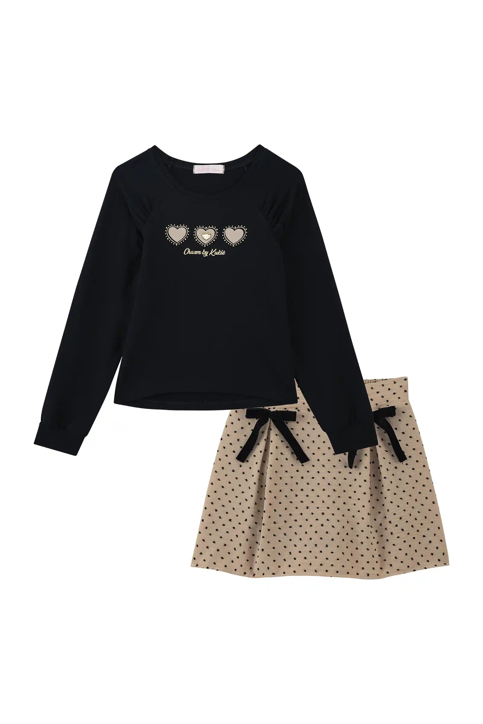 Conjunto Infantil Kukiê Inverno com Saia Bege e Blusa Manga Longa Corações