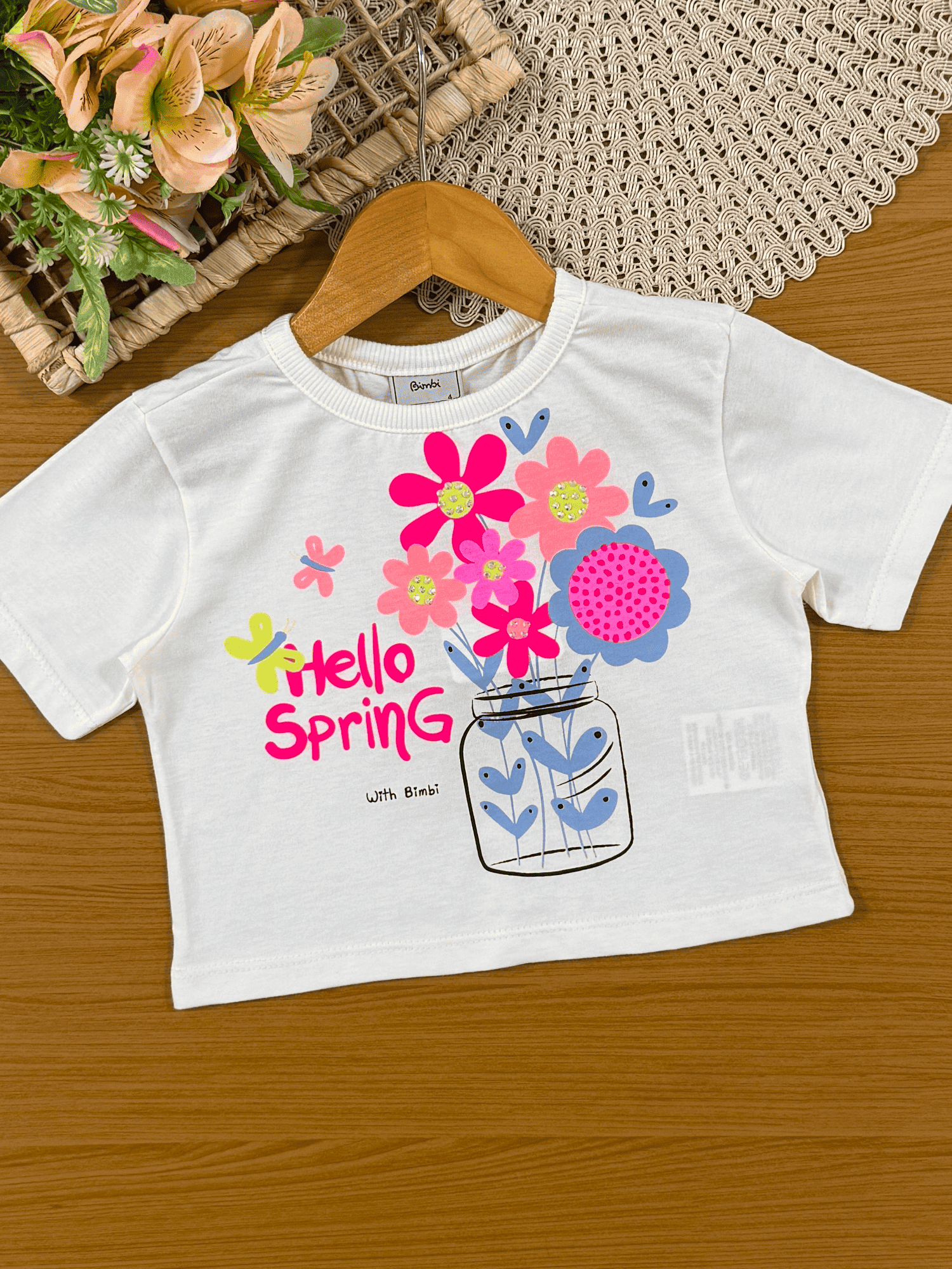 Conjunto Infantil Bimbi Verão com Short Coral e Blusa Branca Floral Primavera