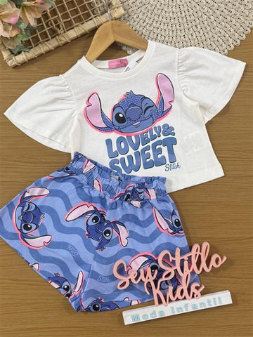 Conjunto Infantil Momi Verão com Shorst Azul e Blusa Branca Lovely Stitch