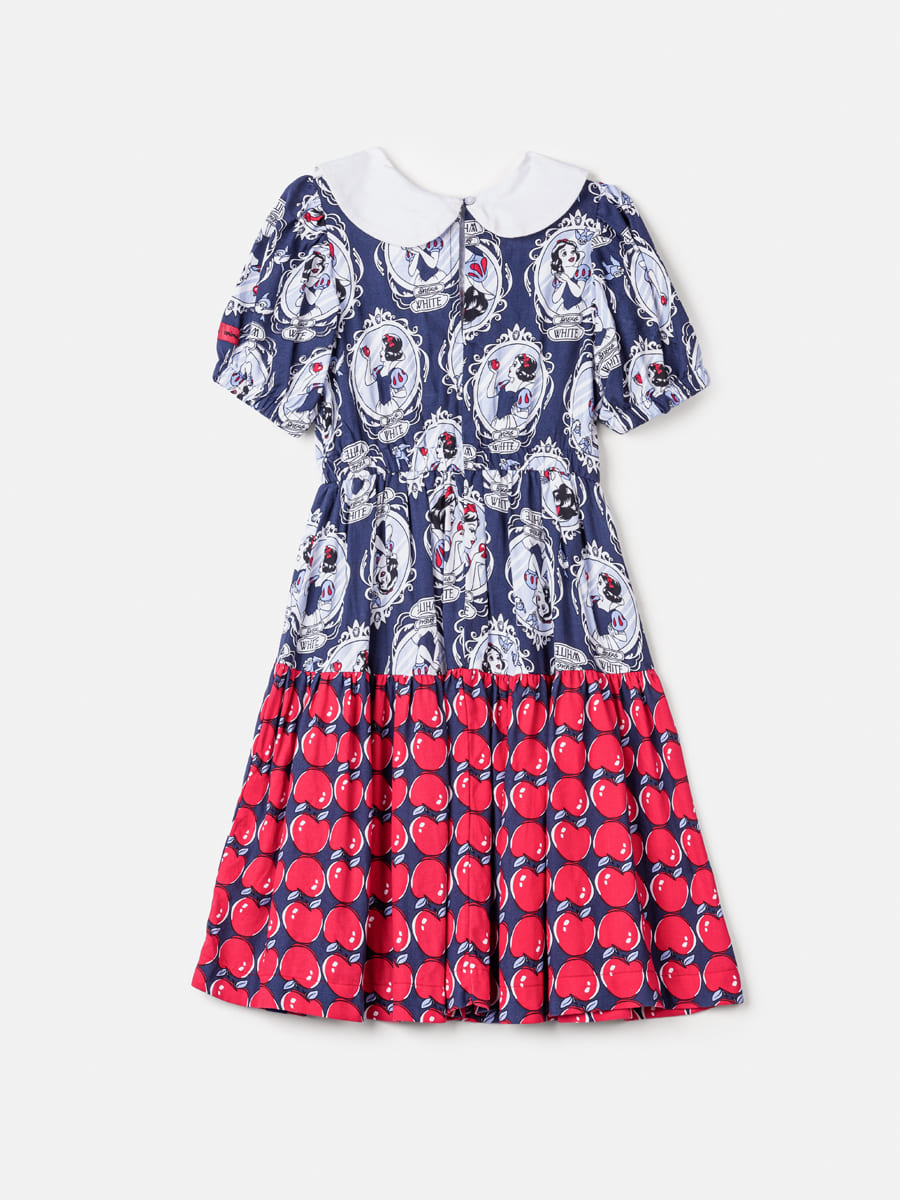 Vestido Infantil Animê Manga Curta Espelho Meu Branca de Neve Disney