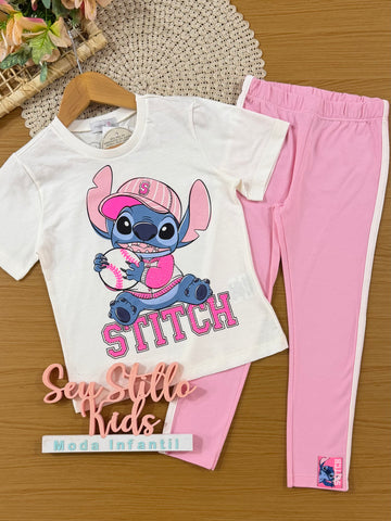 Conjunto Infantil Momi Inverno com Calça Legging Rosa  e Blusa Manga Curta Stitch Tênista