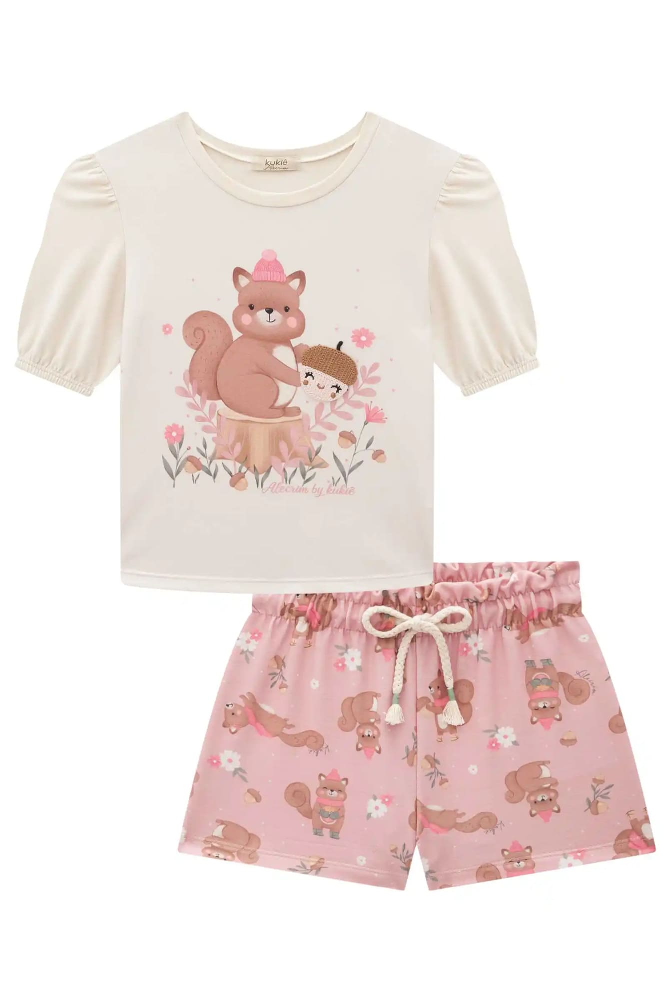 Conjunto Infantil Kukiê Alecrim Inverno Shorts e Blusa Bege Esquilinho