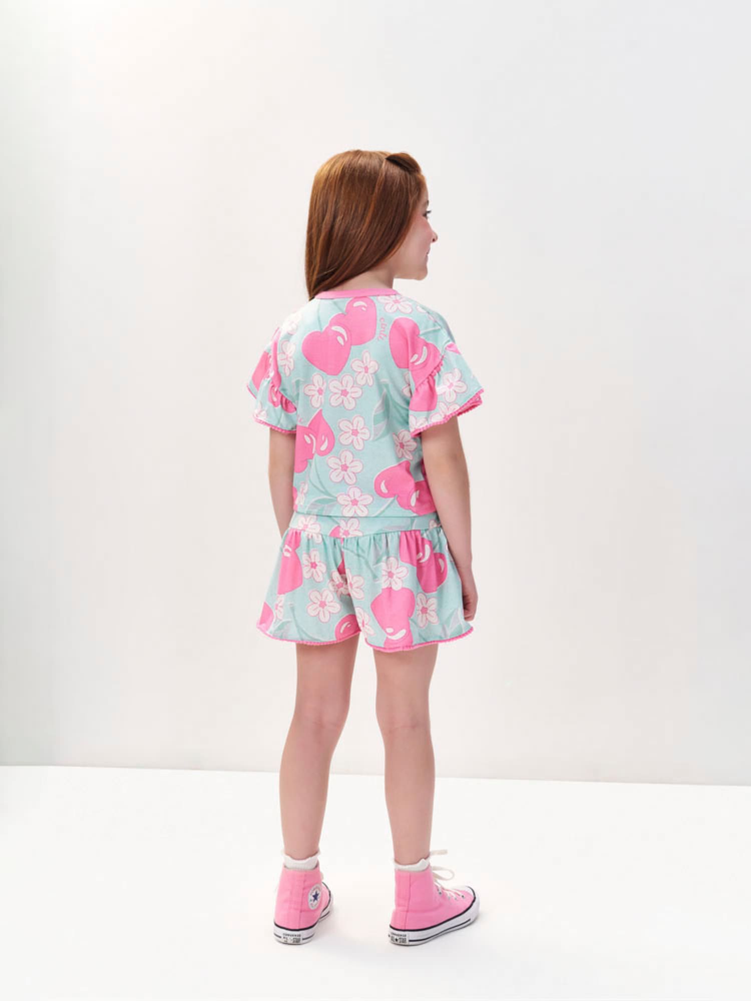 Conjunto Infantil Cinti Verão com Shorts e Blusa Verde Floral