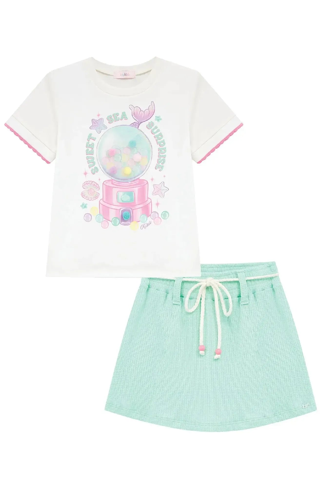 Conjunto Infantil Menina Kukiê com Shorts Saia Azul e Blusa Branca Docinhos