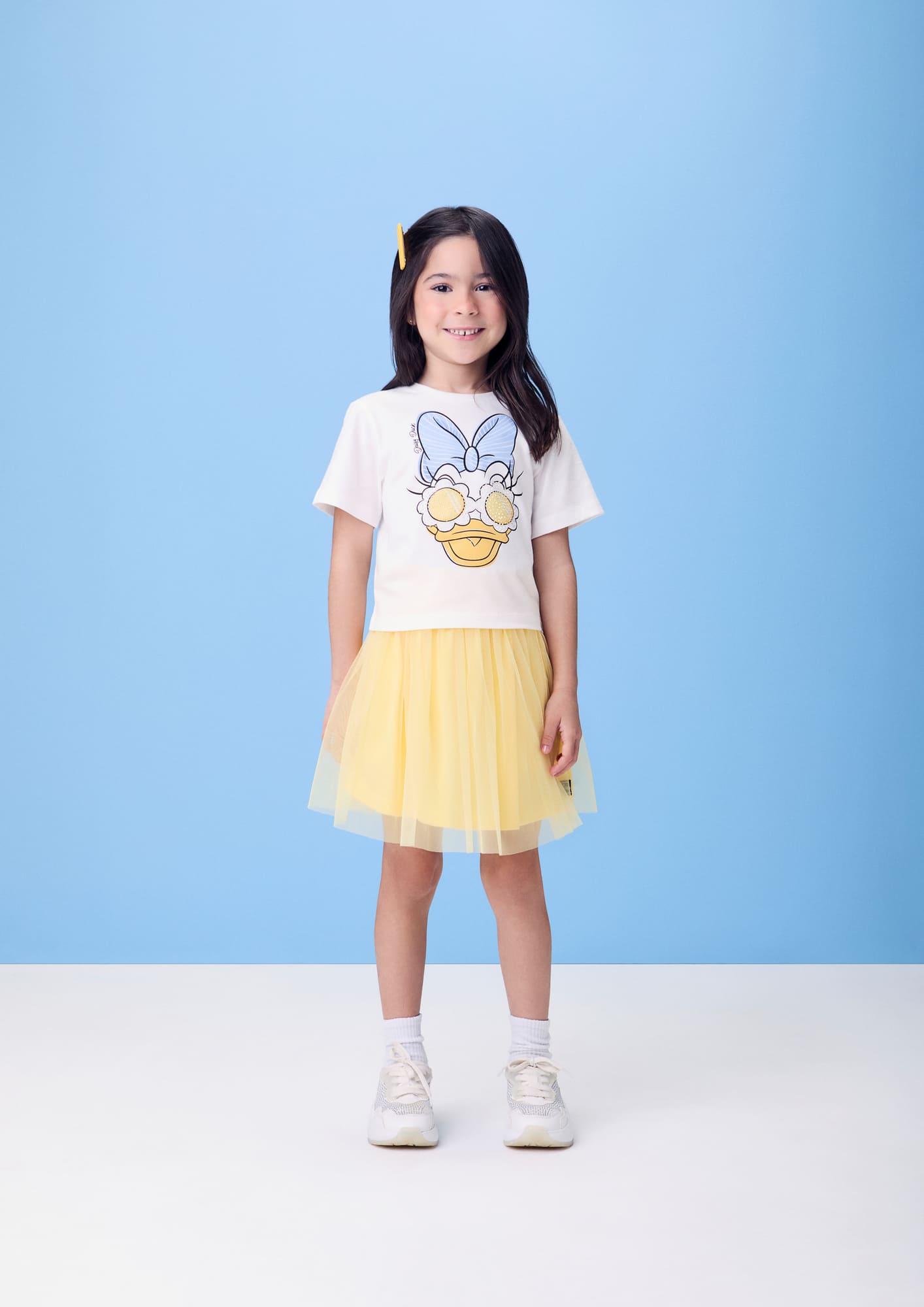 Conjunto Infantil Momi Verão com Saia Amarela em Tule e Blusa Branca Daisy com Strass Disney
